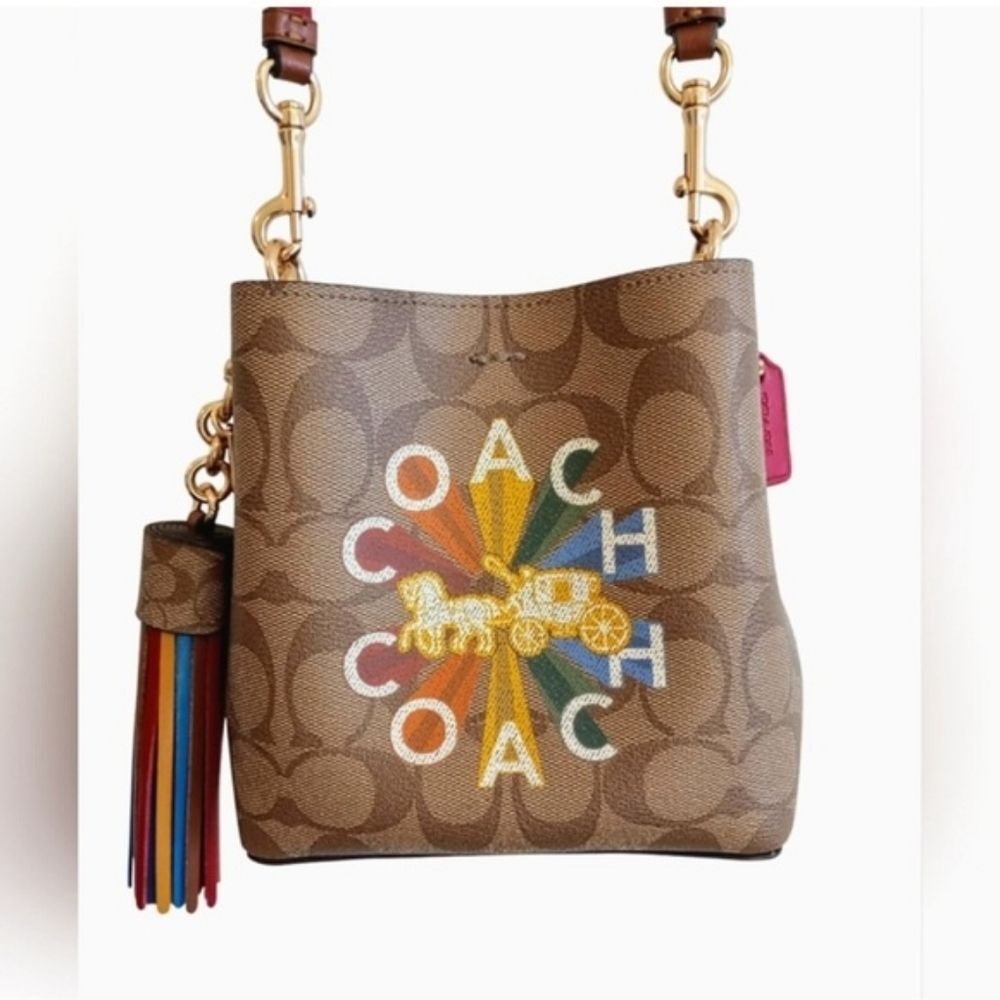 Coach Designer Mini Town Bucket Bag Signature Radial Rainbow Purse Bag Crossbody